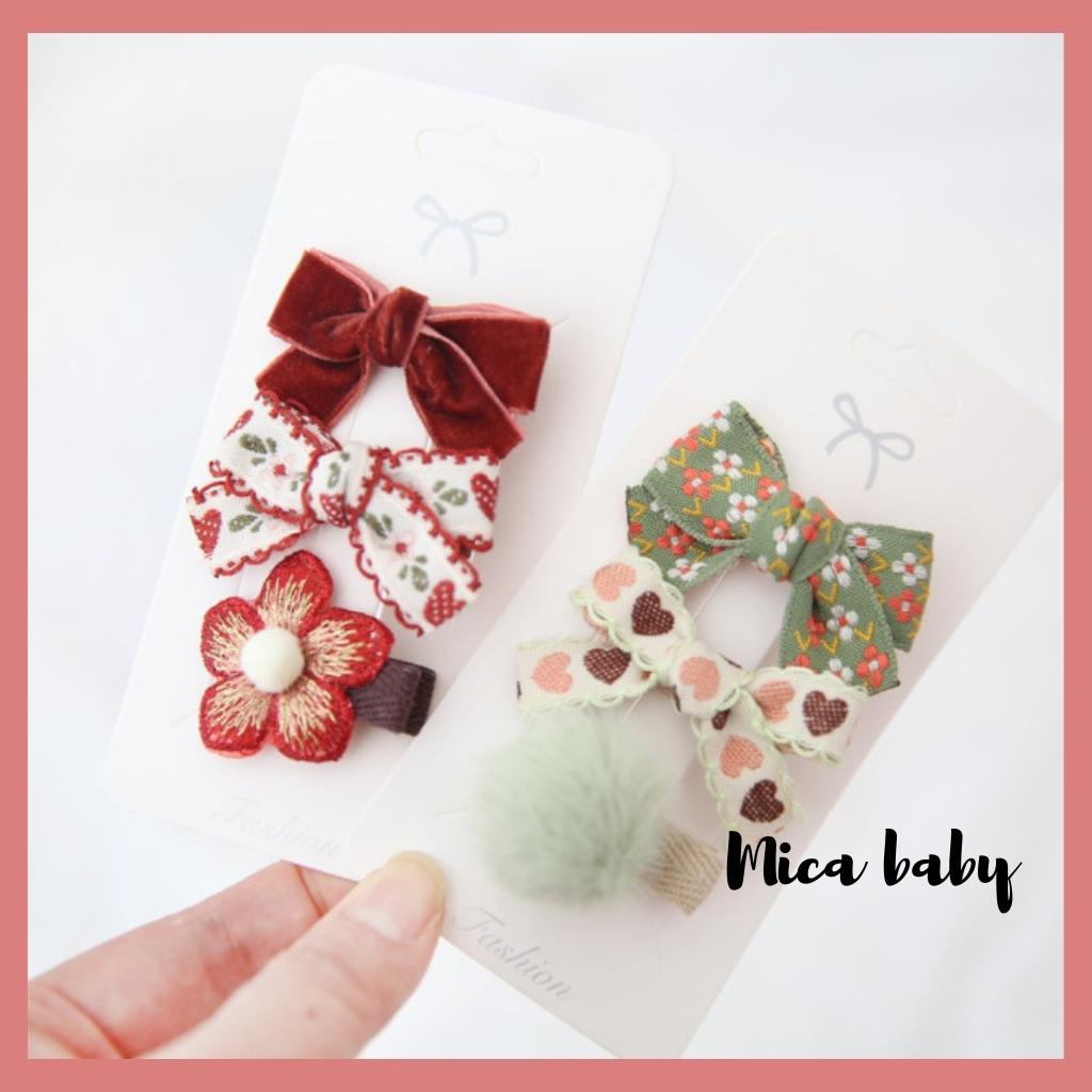 Set 3 kẹp tóc họa tiết nơ, hoa xinh xắn cho bé gái KT25 Mica Baby