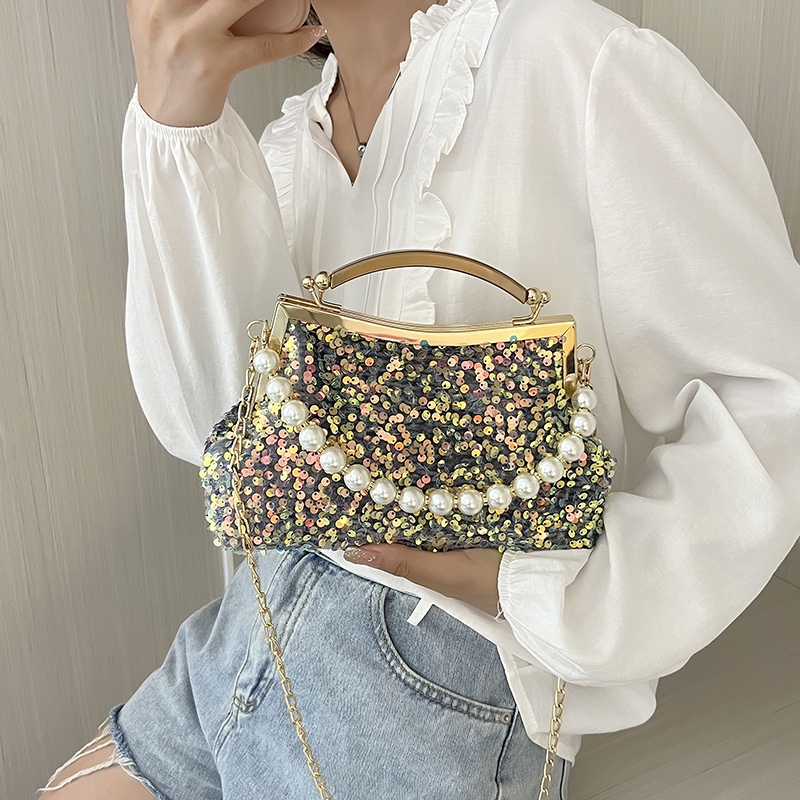 Túi Xách JASMIN NOIR Đeo Chéo Nắp Gập Đính Kim Sa Ngọc Trai Thời Trang Dành Cho Nữ