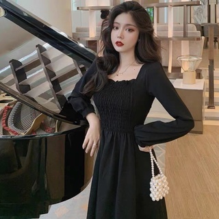Váy Đen Sun Ngực Tay Dài Thắt Eo Đầm Basic Dáng Chữ A Thu Đông Cho Nữ