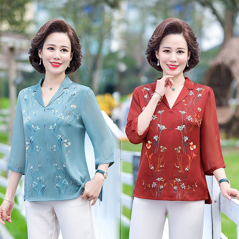 [QUÀ TẶNG MẸ YÊU] Áo Trung Niên Nữ, Áo Lụa Trụng Niên Hoa Nhí, Chất Liệu Lụa Mềm Mại, Thoáng Mát, Cổ Bẻ Lịch Sự