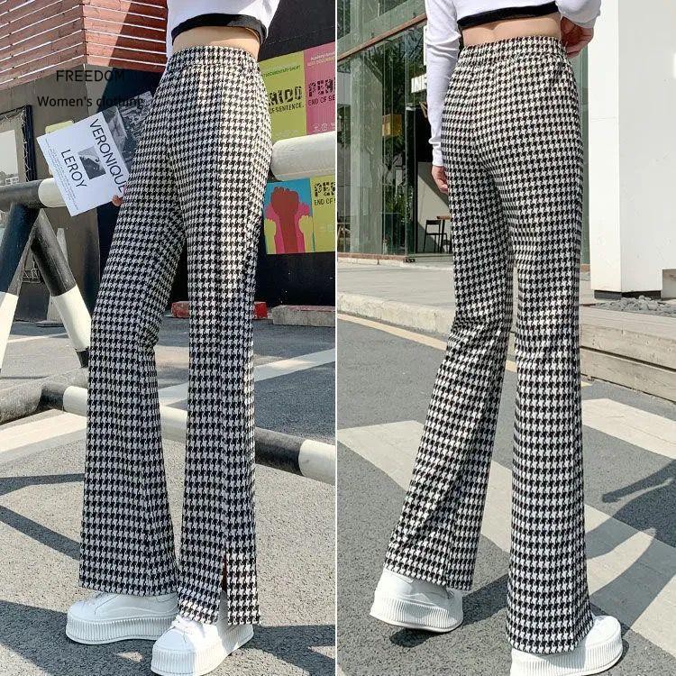 freedom Houndstooth quần âu lưng thun nữ lọt khe trước mùa xuân hè kiểu mới ống loe cao rộng và mỏng