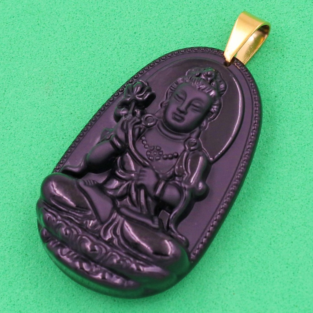 Mặt dây chuyền Đại Thế Chí Bồ Tát đá tự nhiên đen 4.3cm - Phật bản mệnh tuổi Ngọ - Tặng kèm móc inox