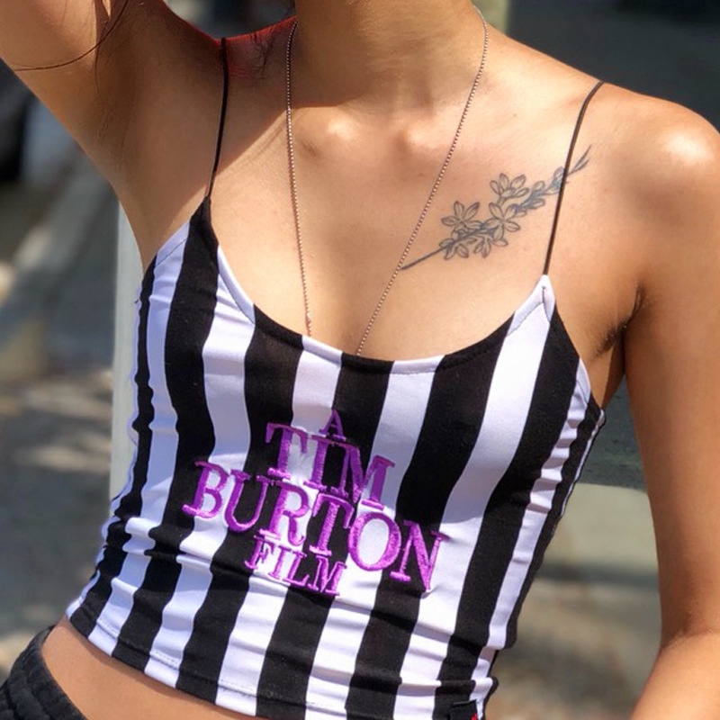 Fashion Letter Embroidery Striped Crop Top Camisole Women Strap Slim Tops