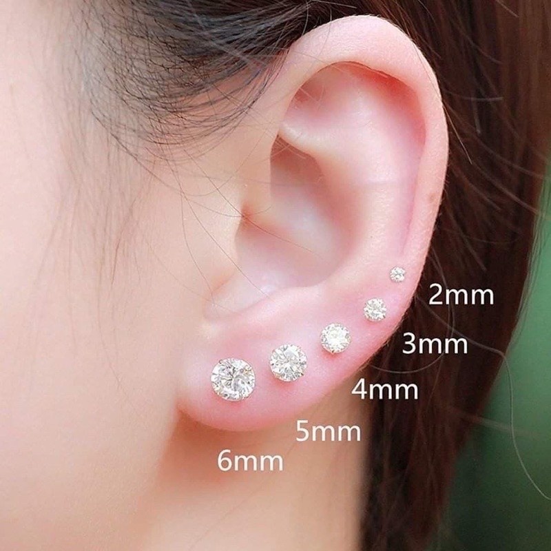 Khuyên tai bạc nam nữ unisex PANSY nụ đá tròn đính đá bấm lỗ đẹp