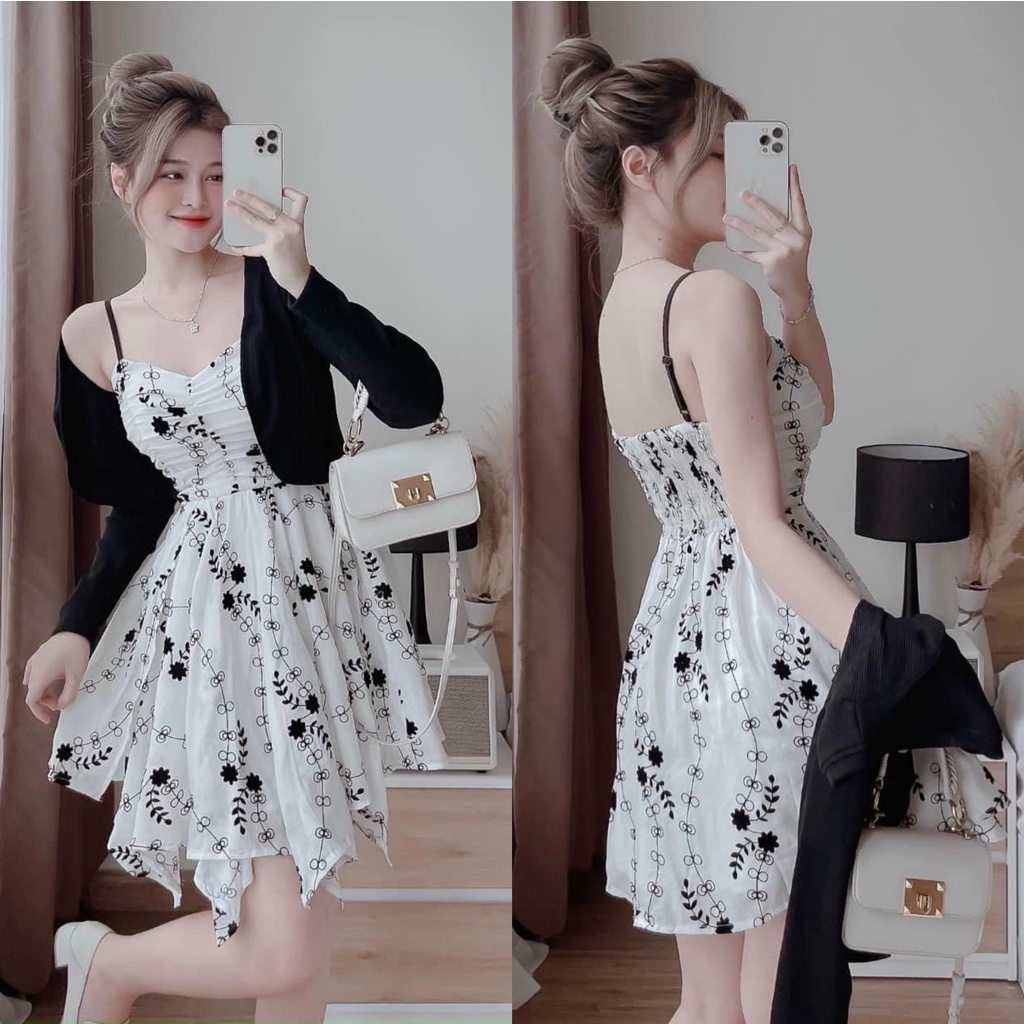 Sét đầm hai dây dáng xòe in họa tiết kèm áo khoác tay dài cực xinh