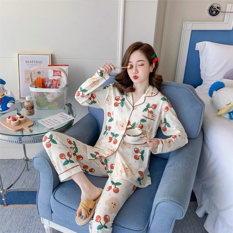 Bộ Ngủ Pijama Dài Tay Gấu Mix Cherry Nữ Form Rộng