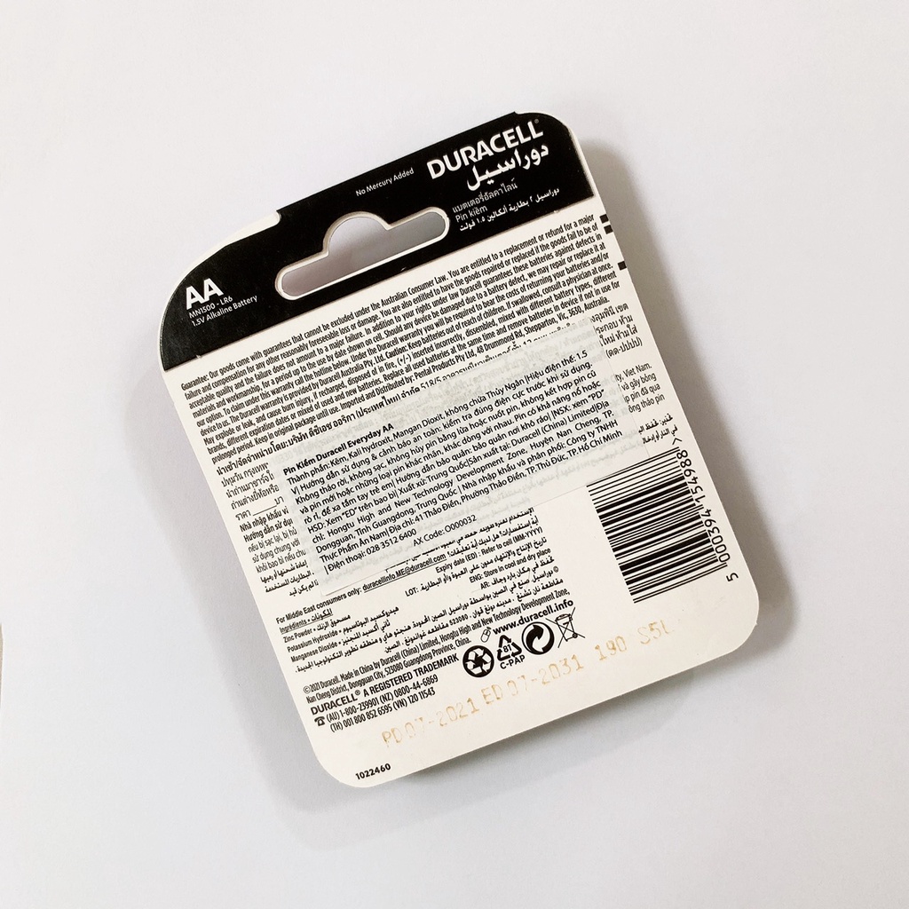 [VỈ 2 VIÊN] Pin tiểu AA Duracell chính hãng 1 5v Alkaline máy đo huyết áp omron, pin khóa cửa vân tay