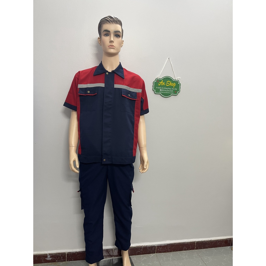 Quần áo bảo hộ sửa chữa  gara ô tô tay ngắn màu xanh phối đỏ .