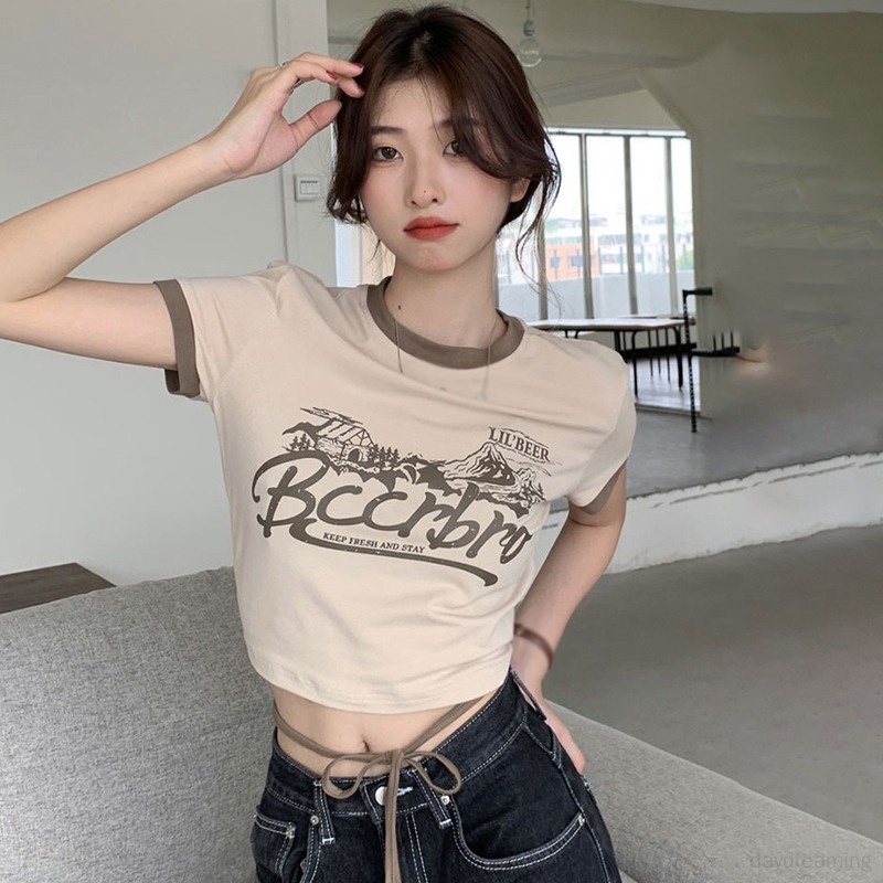 Áo Thun Croptop Tay Ngắn Cổ Tròn In Chữ Phong Cách Hàn Quốc Thời Trang Cho Nữ