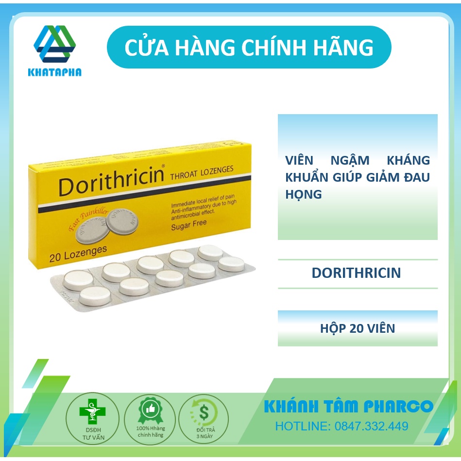 Viên ngậm kháng khuẩn Dorithricin - Nhiễm khuẩn miệng họng: đau họng, nuốt khó (Hộp 20 viên)