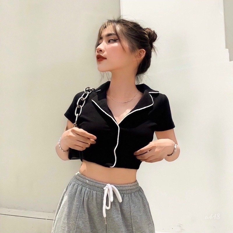 Áo croptop cổ bẻ may viền Michi mặc hai kiểu siêu xinh