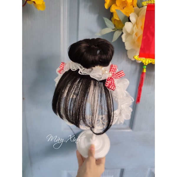 Băng đô ren tóc giả đính nơ caro đỏ xinh
