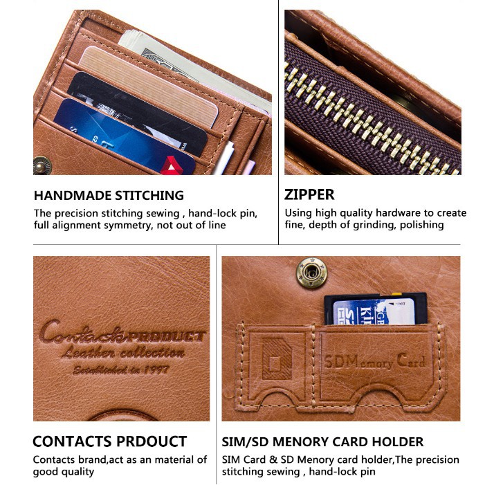 2022 Contac N1250 - Bảo Hành 2 Năm - Bóp Ví Đứng Dài Cầm Tay Da Ngựa Điên Women Wallet Genuine Bò - Nam