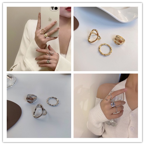 Bộ 3 Nhẫn Thiết Kế Hình Học Rỗng 1.6-1.7cm Thời Trang Cho Nữ