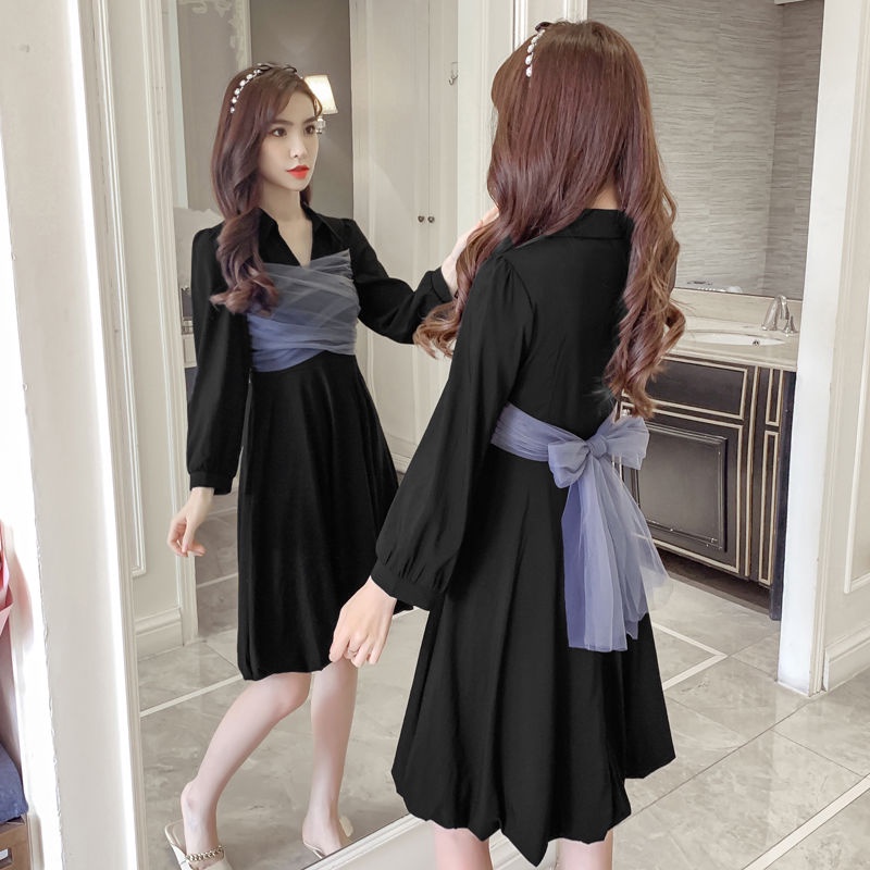 Đầm cổ sơ mi, thắt nơ eo thiết kế mới thời trang, chân váy lưới khâu mảnh