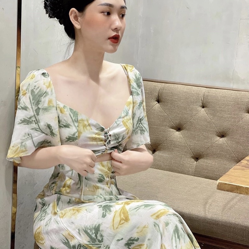 Váy thiết kế hoa cành cúp ngực đan dây tay cánh tiên dáng dài tiểu thư