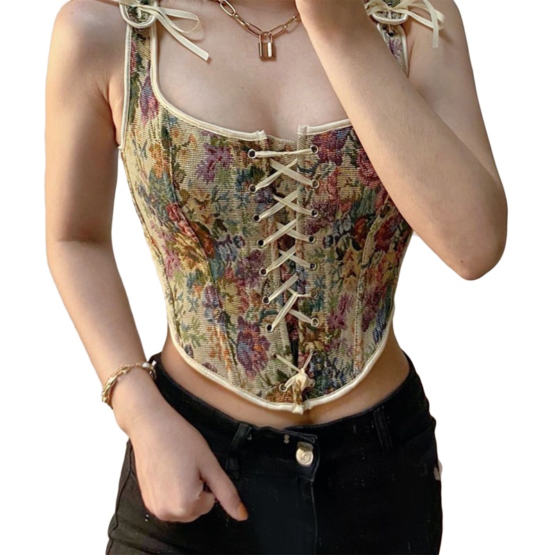 Áo Crop Top Nữ In Hoa Phong Cách Vintage Gợi Cảm