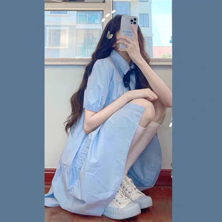 Đầm Xếp Li Gắn Nơ Xanh Xinh Xắn Dễ Thương