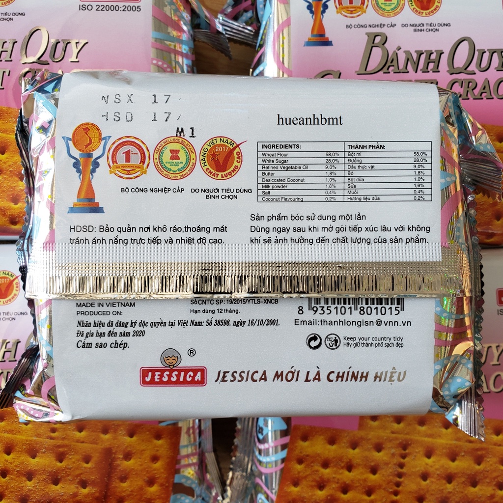 Bánh Quy Coconut Cracker Jessica Bạc Vuông gói 178g