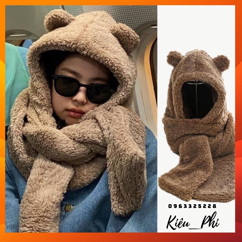 Mũ lông Cừu 3in1 tai gấu❤️FREESHIP❤️Mũ kèm khăn quàng cổ và sỏ tay kiểu dáng hàn quốc - Kiều Phi