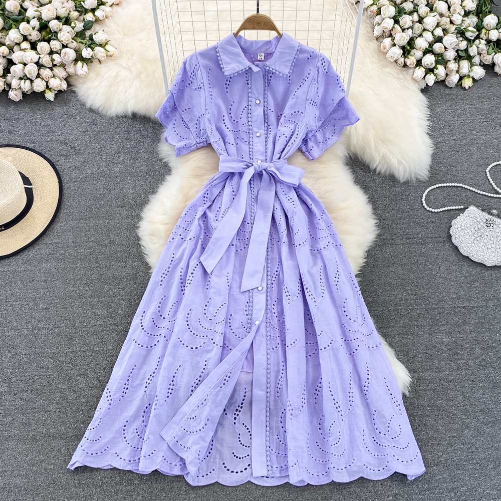 Mùa hè retro cổ điển cao cấp khí chất ve áo một bên ngực móc hoa rỗng một đường