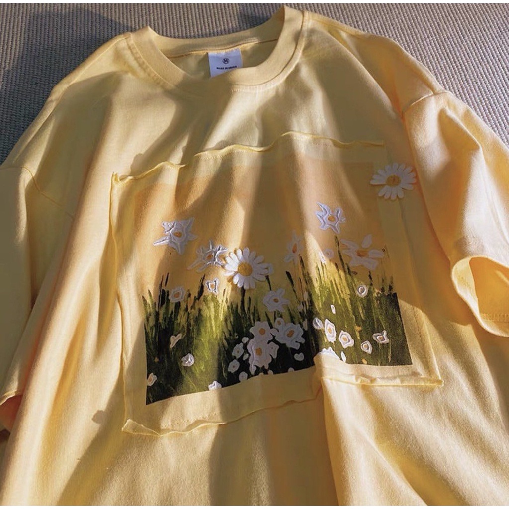 Áo Thun Vàng May Hoa Nhí PEONYB Nữ [FREESHIP]  Phông form rộng ngắn tay lỡ phong cách vintage cá tính Ulzzang