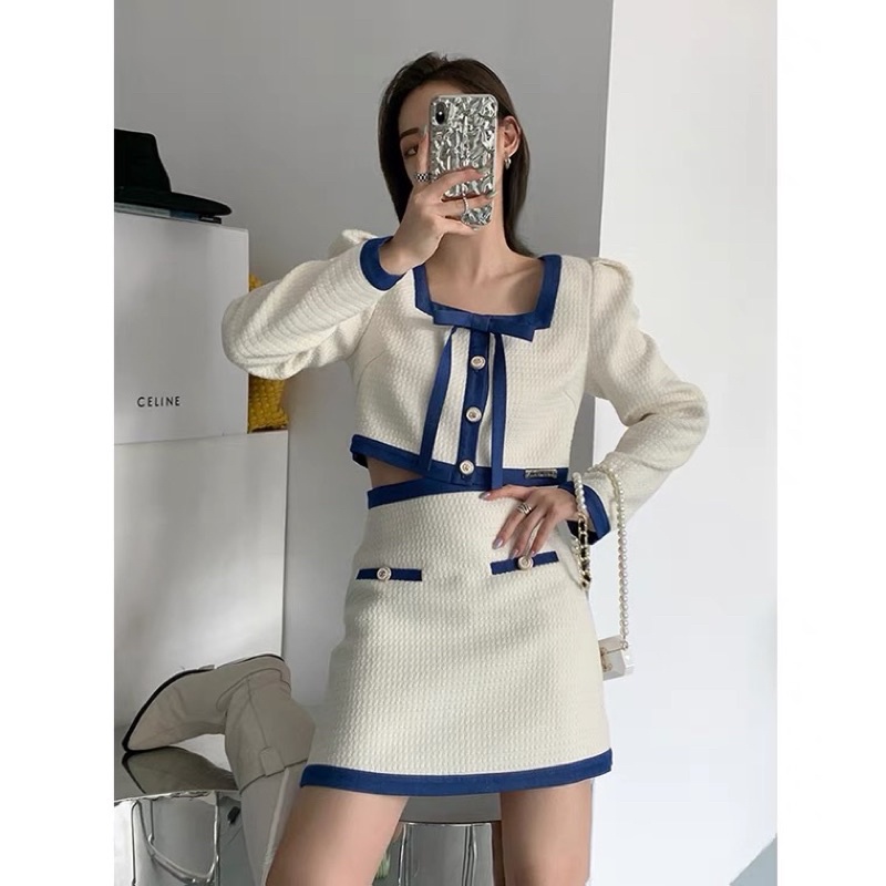 Set áo dạ tweed viền nhung kèm chân váy kiểu hàn cao cấp thời trang nữ 2021 phong cách