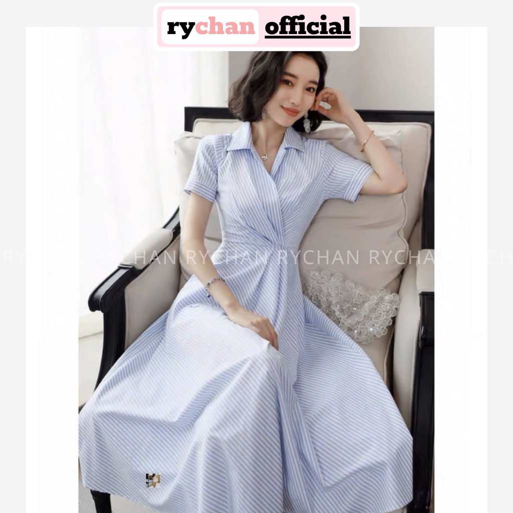 Đầm Xòe Công Sở Đắp Chéo Sọc Xanh Cổ Bẻ - DX657