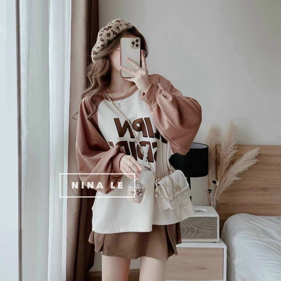 Sét áo kèm chân váy nữ áo thun cotton cổ trong tay dài phối chân váy ngắn xếp li