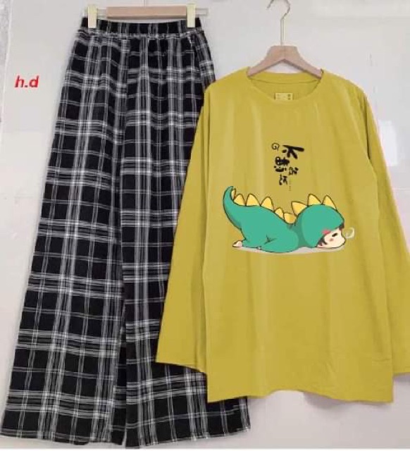 Sét áo khủng Long nằm sấp + quần kẻ ô ( tay dài )