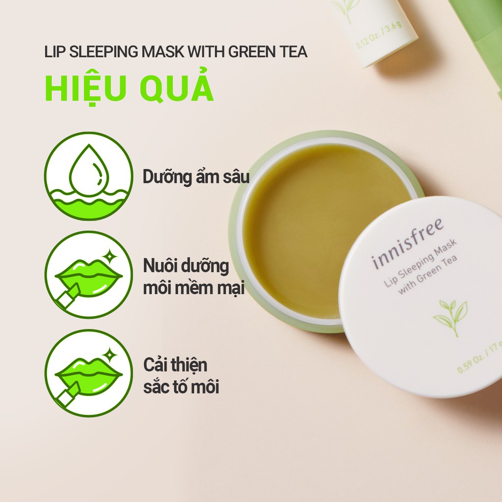 [Mã COSIF03 giảm 10% đơn 400K] Mặt nạ ngủ dưỡng ẩm trà xanh cho môi innisfree Lip Sleeping Mask With Green Tea 17g