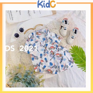 Bộ sơ mi thô đũi hoa lá cực đẹp cho bé trai bé gái, trang phục đi biển mùa hè cho bé