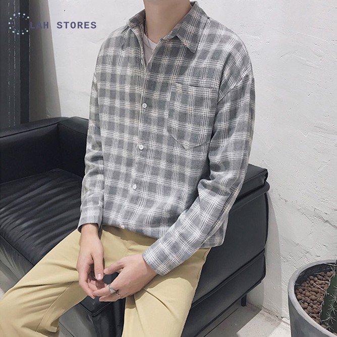 Áo sơ mi nam form rộng dài tay kẻ caro phong cách Hàn Quốc | BigBuy360 - bigbuy360.vn