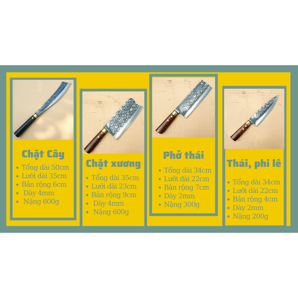 Dao bếp, bộ 4 dao nhà bếp cao cấp là từ Thép Nhíp hàng rèn thủ công - Phúc sen