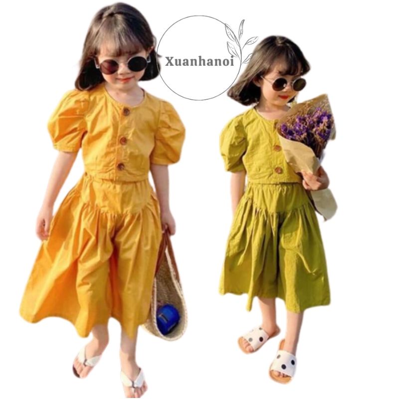 Set áo tay bồng quần ông sớ rộng xanh cốm và vàng XHN900