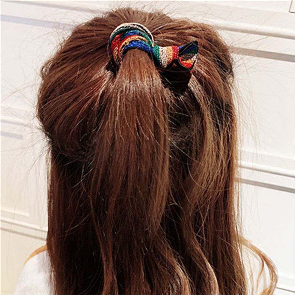 Dây Buộc Tóc Co Giãn Tốt Họa Tiết Da Báo Màu Cầu Vồng Phong Cách Hàn Quốc