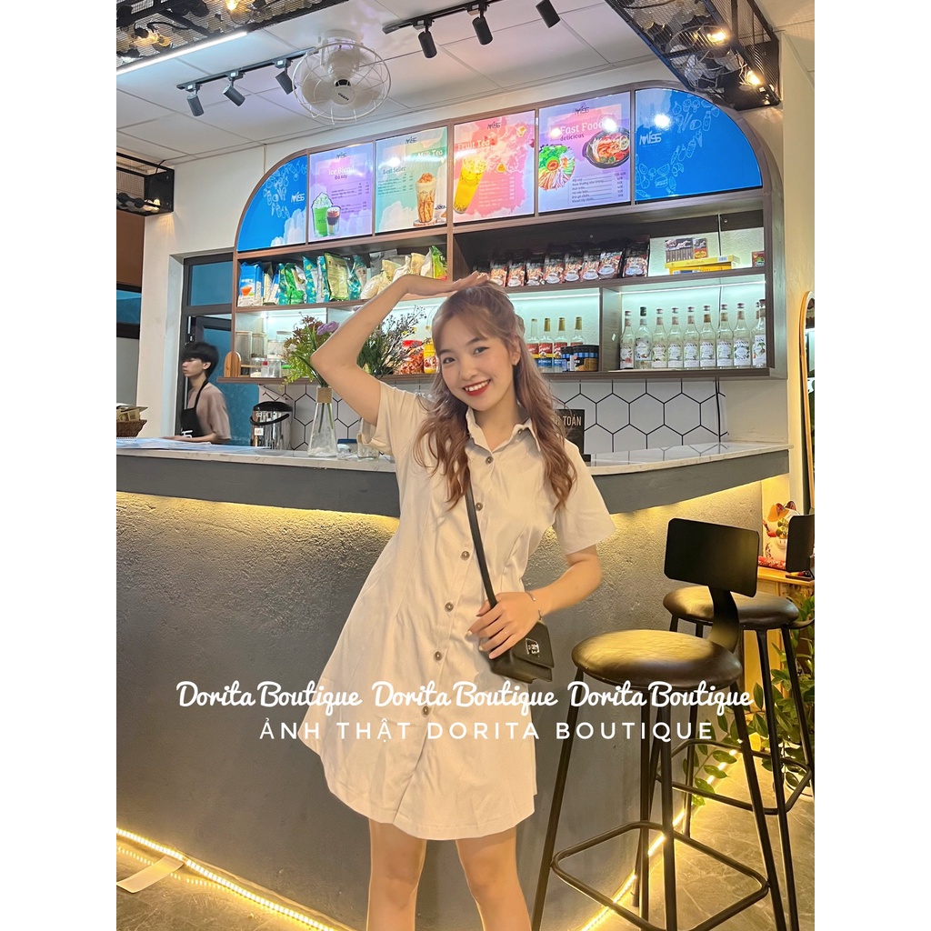 Váy sơ mi chun lưng Basic dáng Hàn, Đầm sơ mi kaki 2 da Hàn Quốc