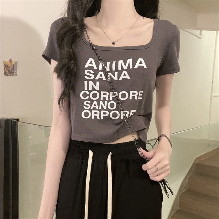 Áo Thun Cotton Nguyên Chất Cổ Vuông Tay Ngắn In Chữ Thời Trang Mùa Hè 2022 Mới