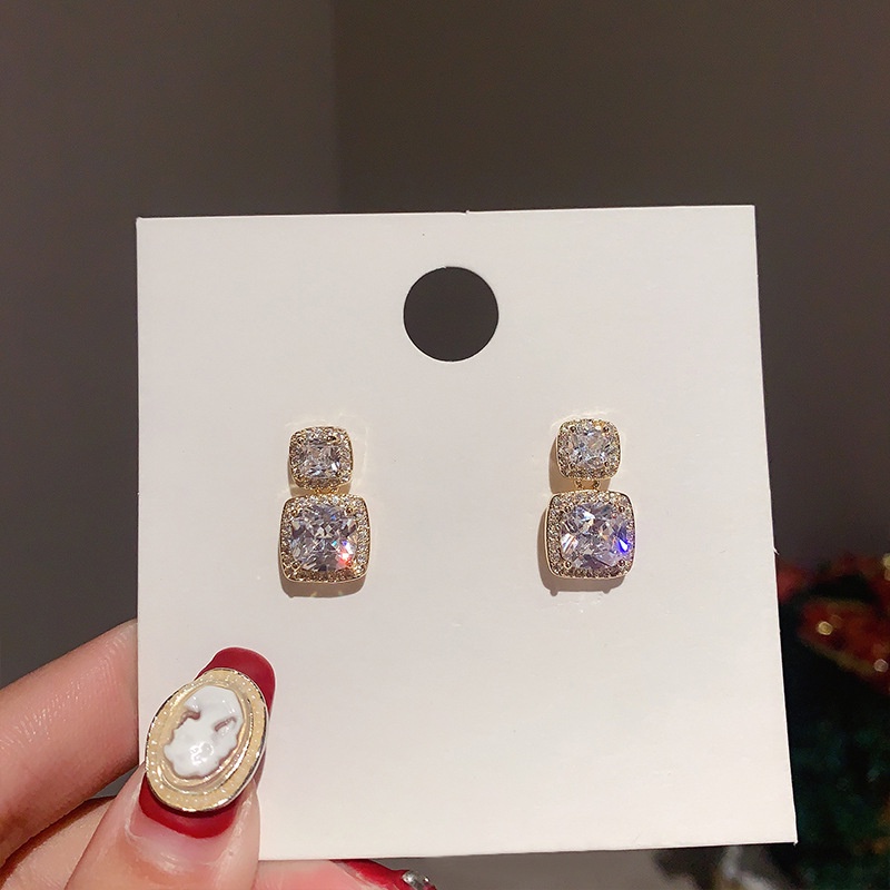 Bông tai bạc 925 hình vuông đính đá đơn giản thời trang cao cấp cho nữ