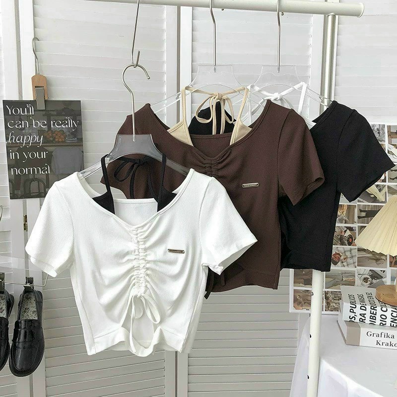 Áo Kiểu Tay Ngắn Phối Dây Rút Giữa Kiểu Yếm Tôn Dáng Cá Tính