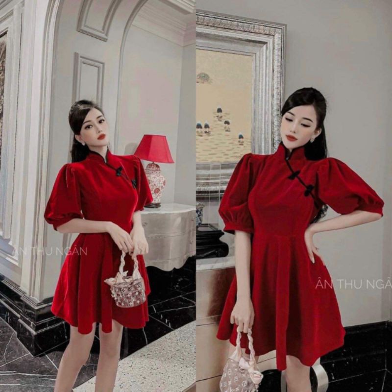 Váy nhung đỏ cổ tàu tay bồng dáng xòe tiểu thư TL