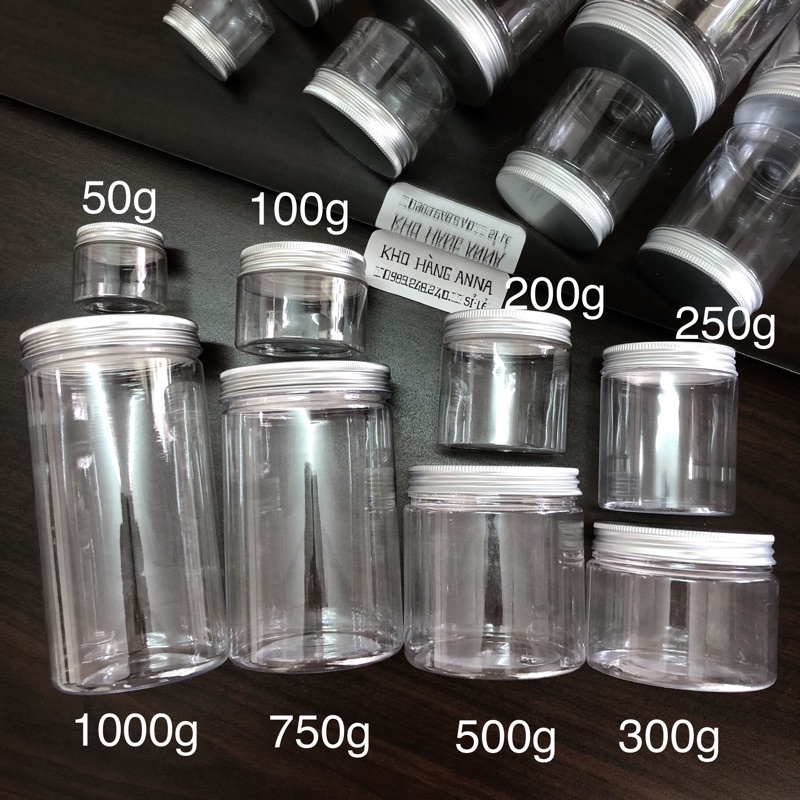 Hủ Nhựa Nâu/ trong suốt có Nắp Lot - Hủ Pet nắp trắng/ Đen / Nhôm 100gr/ 200gr/ 250g/ 300g/ 500g đựng Mỹ phẩm