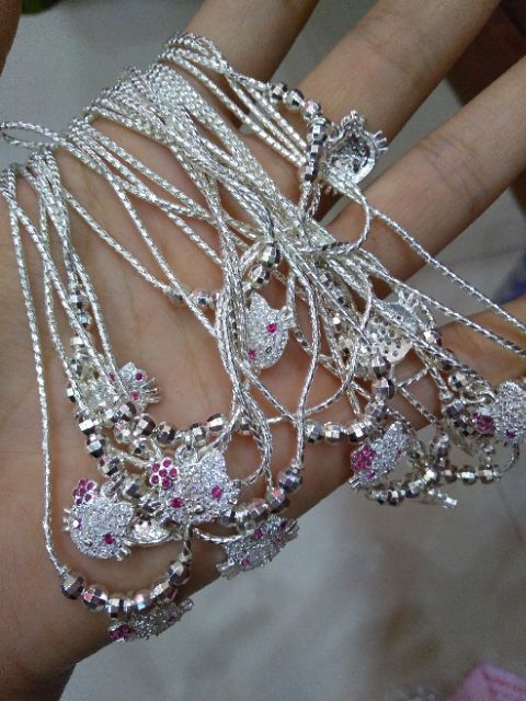 Set bộ bạc set lắc bi và dây chuyền mèo hello kitty đính đá trắng nhỏ xinh cho bé