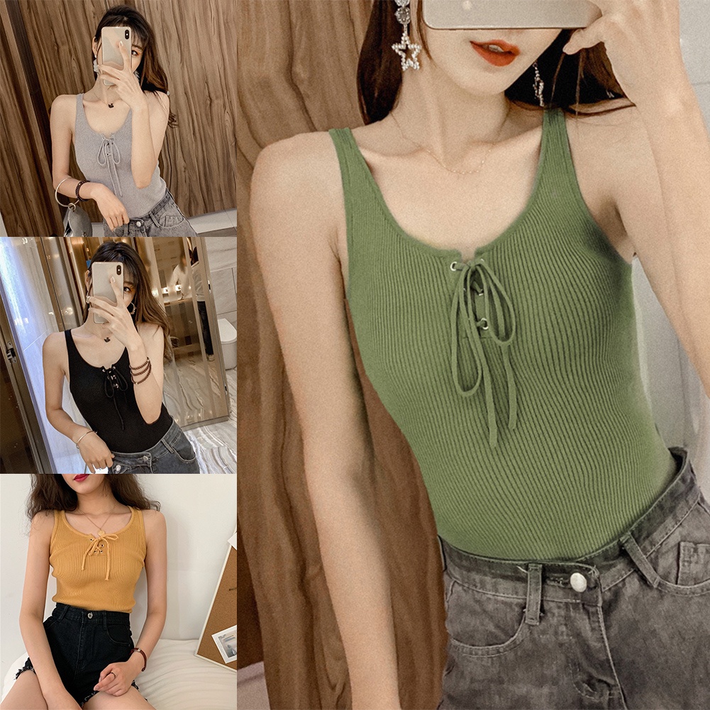 Áo Dệt Kim Sát Nách Cổ Yếm Phối Dây Rút Thời Trang Cho Nữ