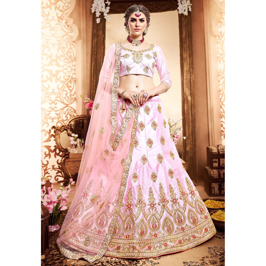 Lehenga Ấn Độ satin thêu hồng baby