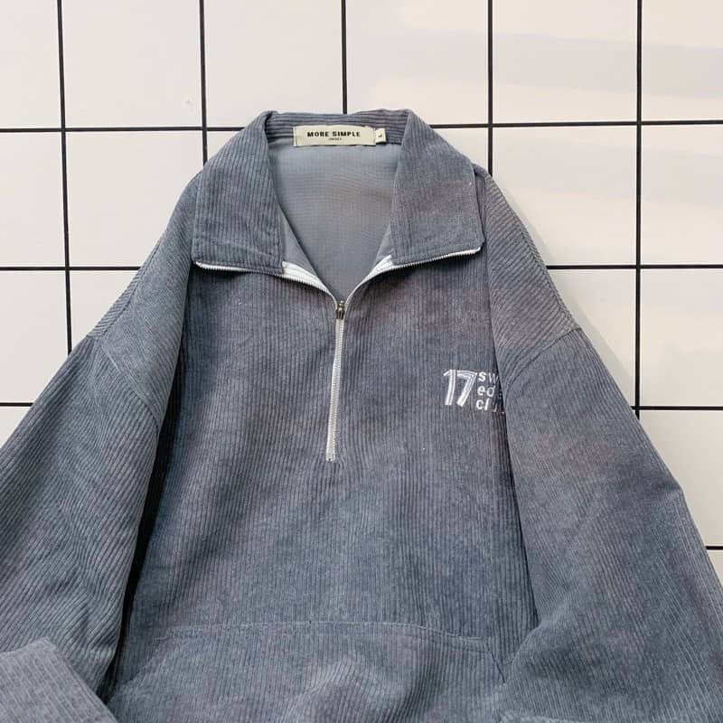 Sweater 17MM Phối Zip Vải Nhung Gân Form Rộng Ulzzang  Nam nữ unisex  Áo Sweater có cổ Jaystoree2