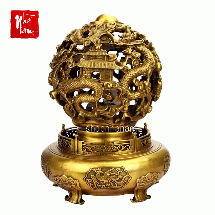 Lư hương đồng vàng cao cấp họa tiết rồng thắp trầm hương