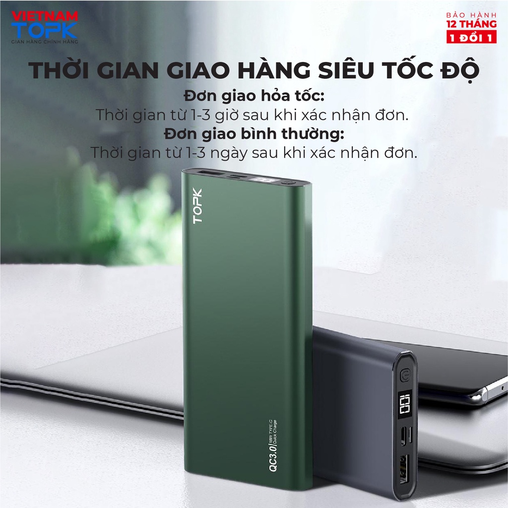 Sạc dự phòng TOPK I1006P 10000mAh - Sạc PD 18W - Màn hình LED - Hàng phân phối chính hãng - Bảo hành 12 tháng 1 đổi 1