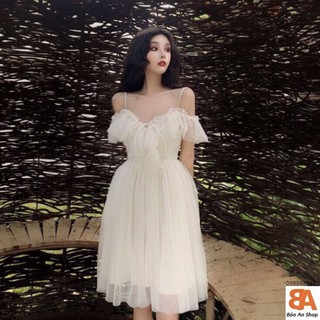 Đầm tiểu thư 2 dây cổ tim hở vai_đầm bẹt vai