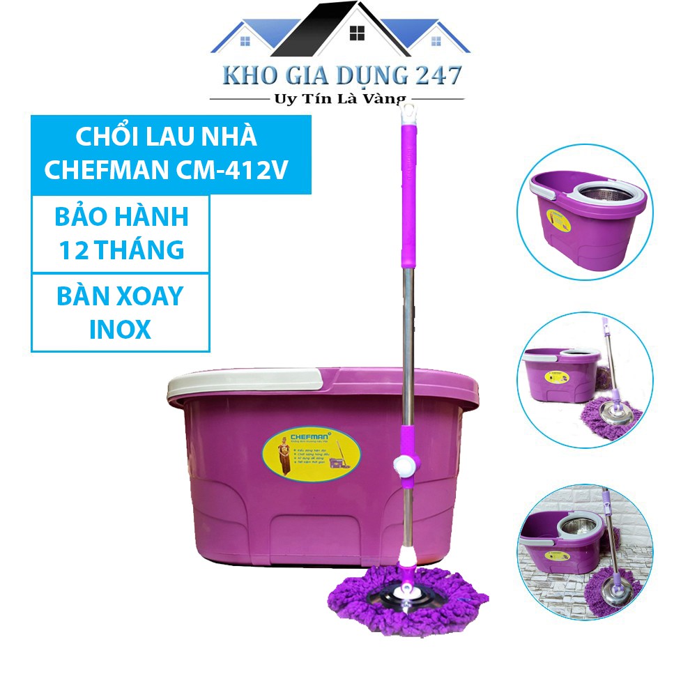 Chổi lau nhà Chefman CM - 412 (Có Vỏ, Bàn Xoay Inox, 2 Bông Lau Nhà)  Bảo Hành 12 Tháng, Hàng Chính Hãng CHEFMAN